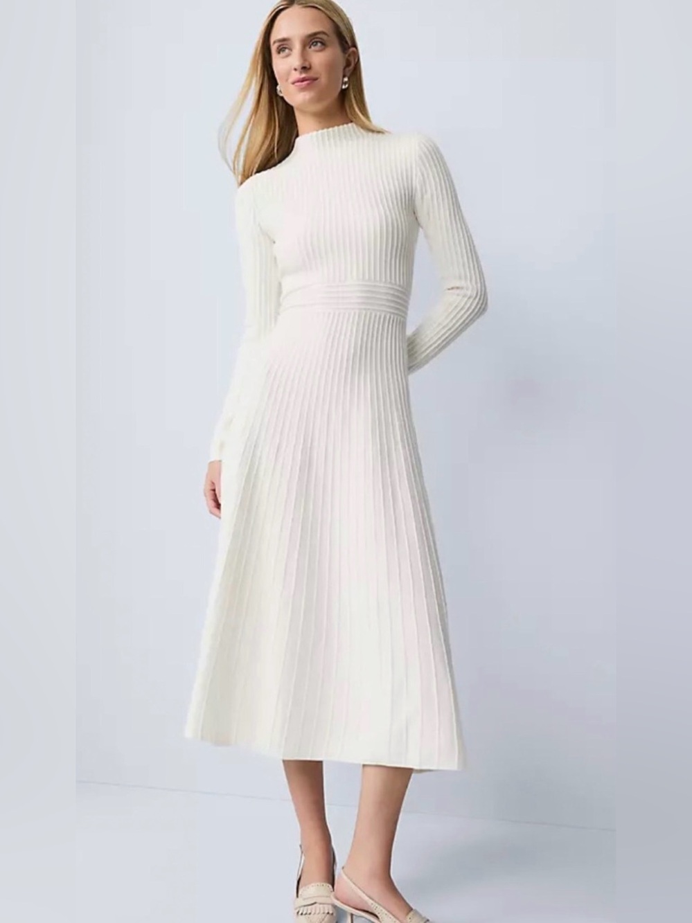 NWT ANN TAYLOR WINTER WHITE RIBBED MOCK NECK SWEATER MIDI DRESS SZ M